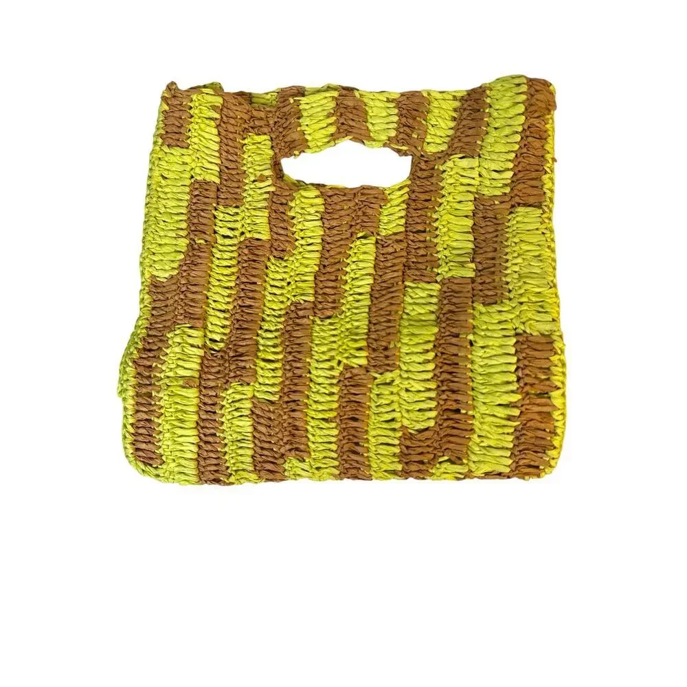 Free People Raffia Woven Tote Bag Yellow Tan Striped Boho Beach